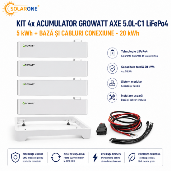 Kit 4x Acumulator Growatt AXE 5.0L-C1 LiFePo4, 5 kWh + Baza si cabluri conexiune - 20 KWh