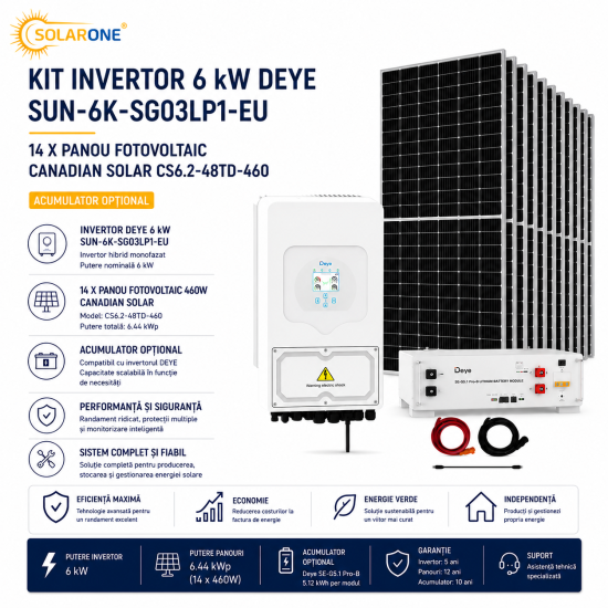 Kit Invertor 6 KW DEYE SUN-6K-SG05LP1-EU-AM2-P, 14 x Panou fotovoltaic Canadian Solar CS6.2-48TD-460, Acumulator Optional