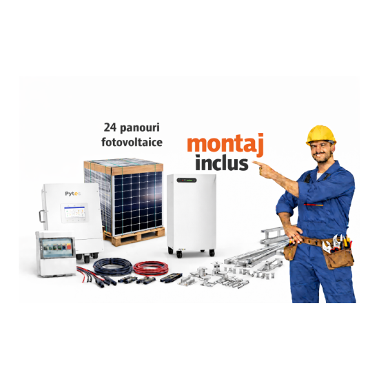 Sistem fotovoltaic 15kW trifazat cu montaj inclus – invertor hibrid Pytes + stocare Pytes 14,34 kWh Sistem fotovoltaic 15kW trifazat cu montaj inclus – invertor hibrid Pytes + stocare Pytes 14,34 kWh