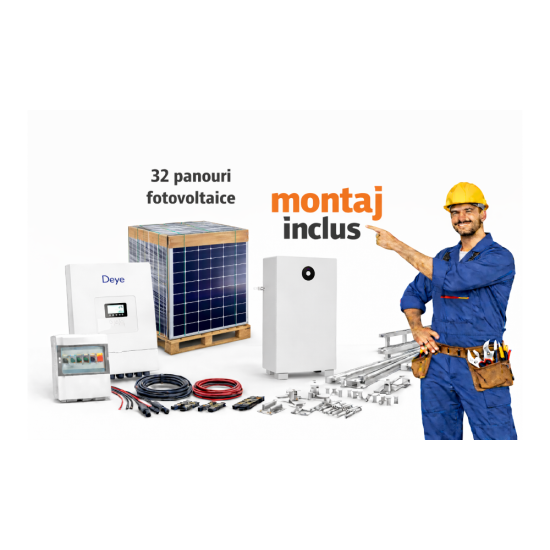 Sistem fotovoltaic 20kW trifazat cu montaj inclus – invertor hibrid DEYE + stocare 16 kWh Sistem fotovoltaic 20kW trifazat cu montaj inclus – invertor hibrid DEYE + stocare 16 kWh