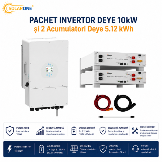Pachet Invertor DEYE 10kW și 2 Acumulatori Deye 5.12 kWh