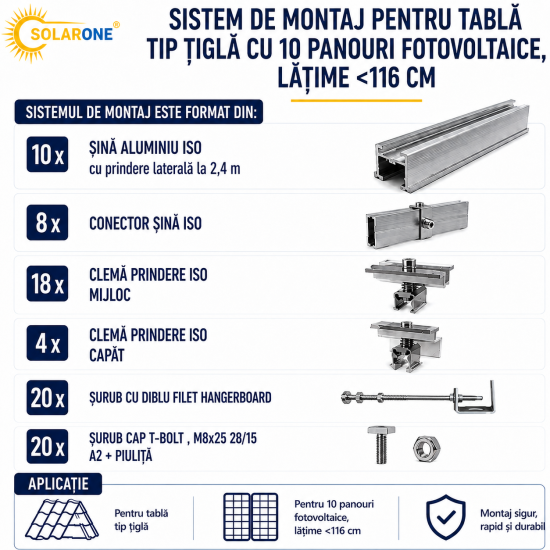 Sistem de montaj pentru TABLĂ tip ȚIGLĂ cu 10 panouri fotovoltaice, lățime <116 cm Sistem de montaj pentru TABLĂ tip ȚIGLĂ cu 10 panouri fotovoltaice, lățime <116 cm